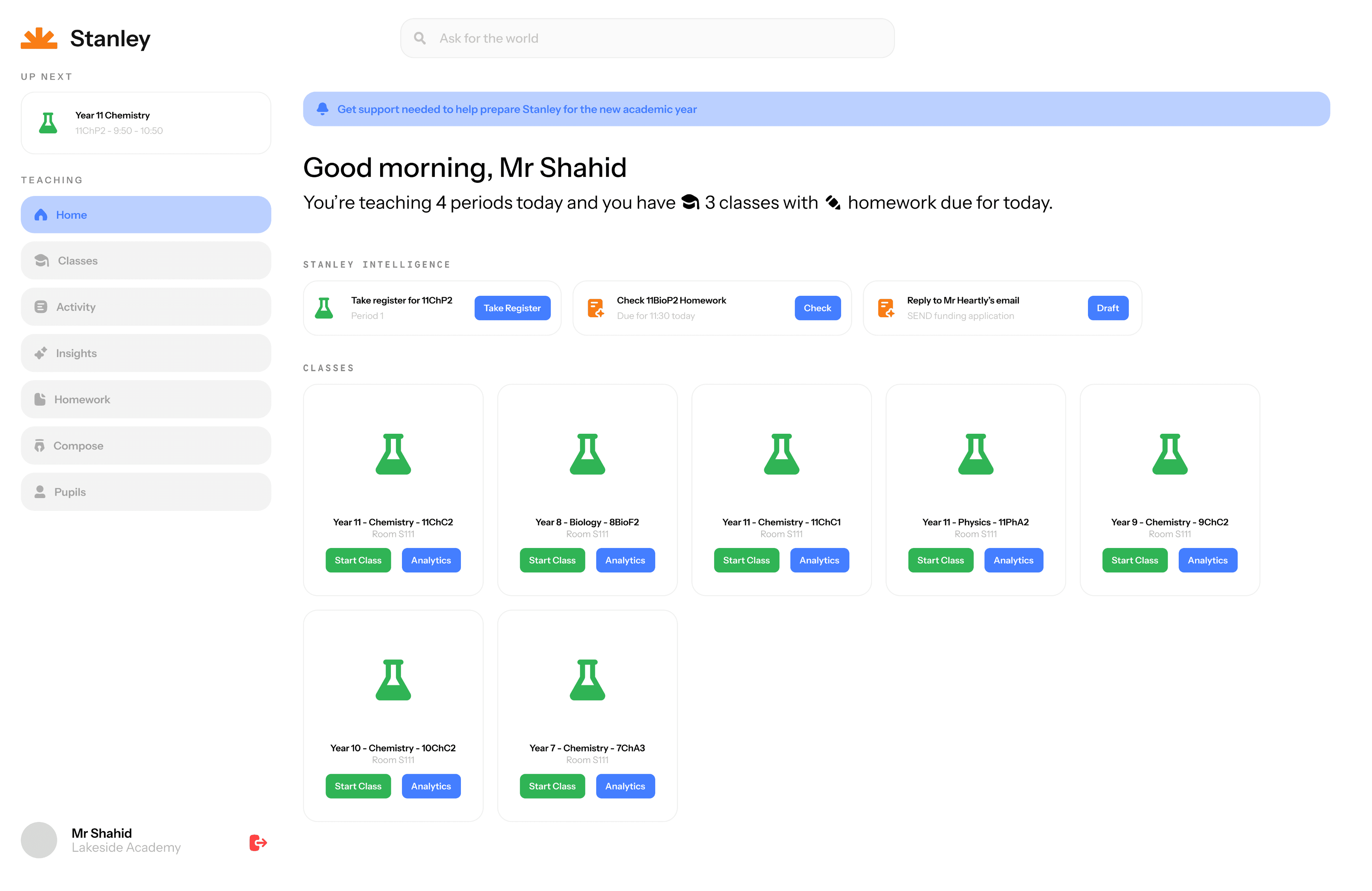 The Stanley teacher dashboard